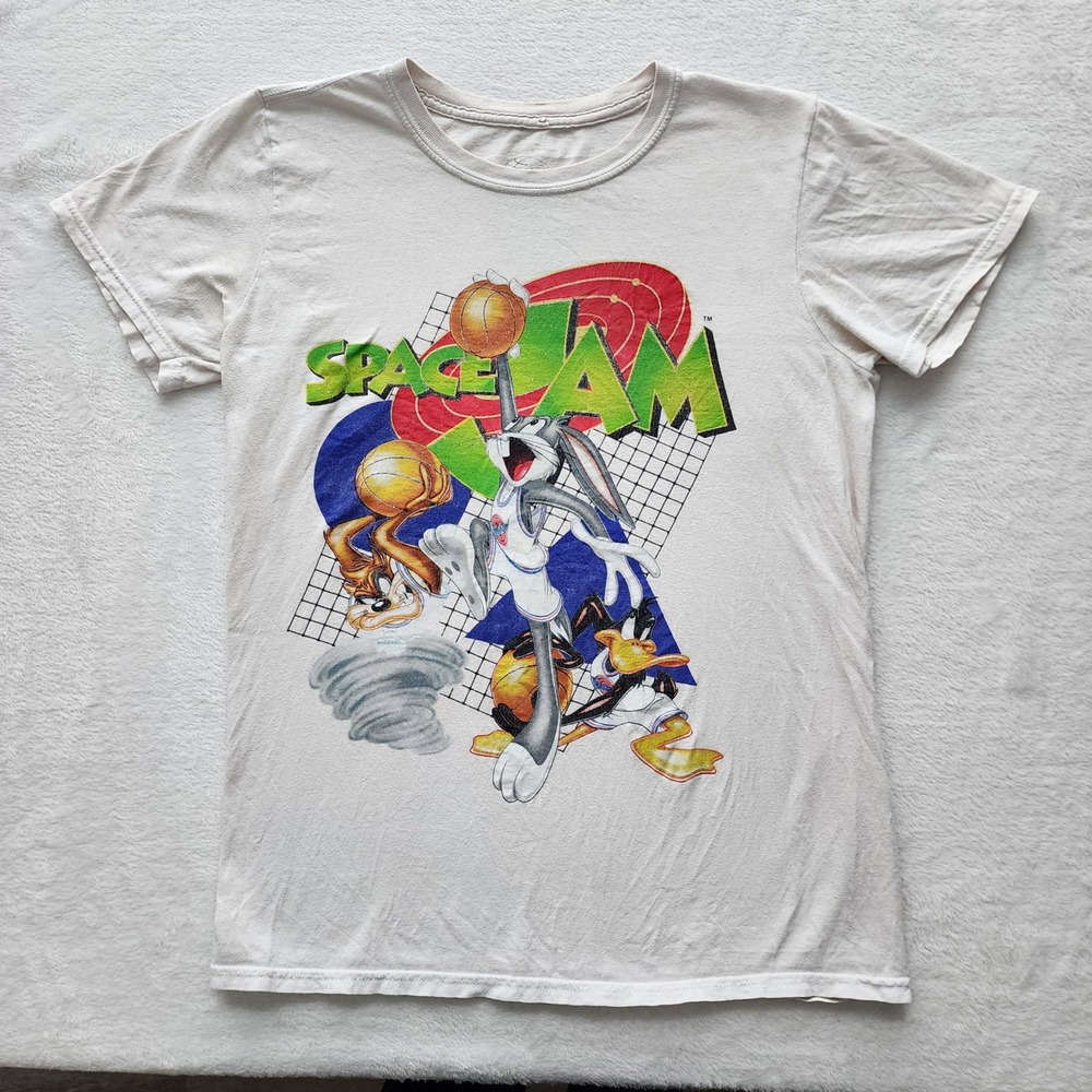 Vintage Space Jam Graphic T Shirt Womens Small White Bugs Bunny Taz Daffy Duck